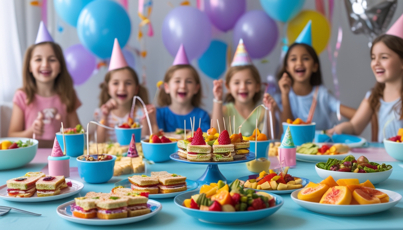 Anak-anak sedang merayakan ulang tahun dengan makanan warna-warni dan dekorasi pesta yang ceria.