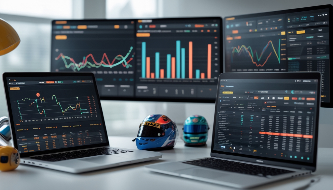 Meja kerja modern dengan beberapa layar menampilkan grafik dan data statistik Formula 1 serta laptop yang menampilkan situs taruhan online.