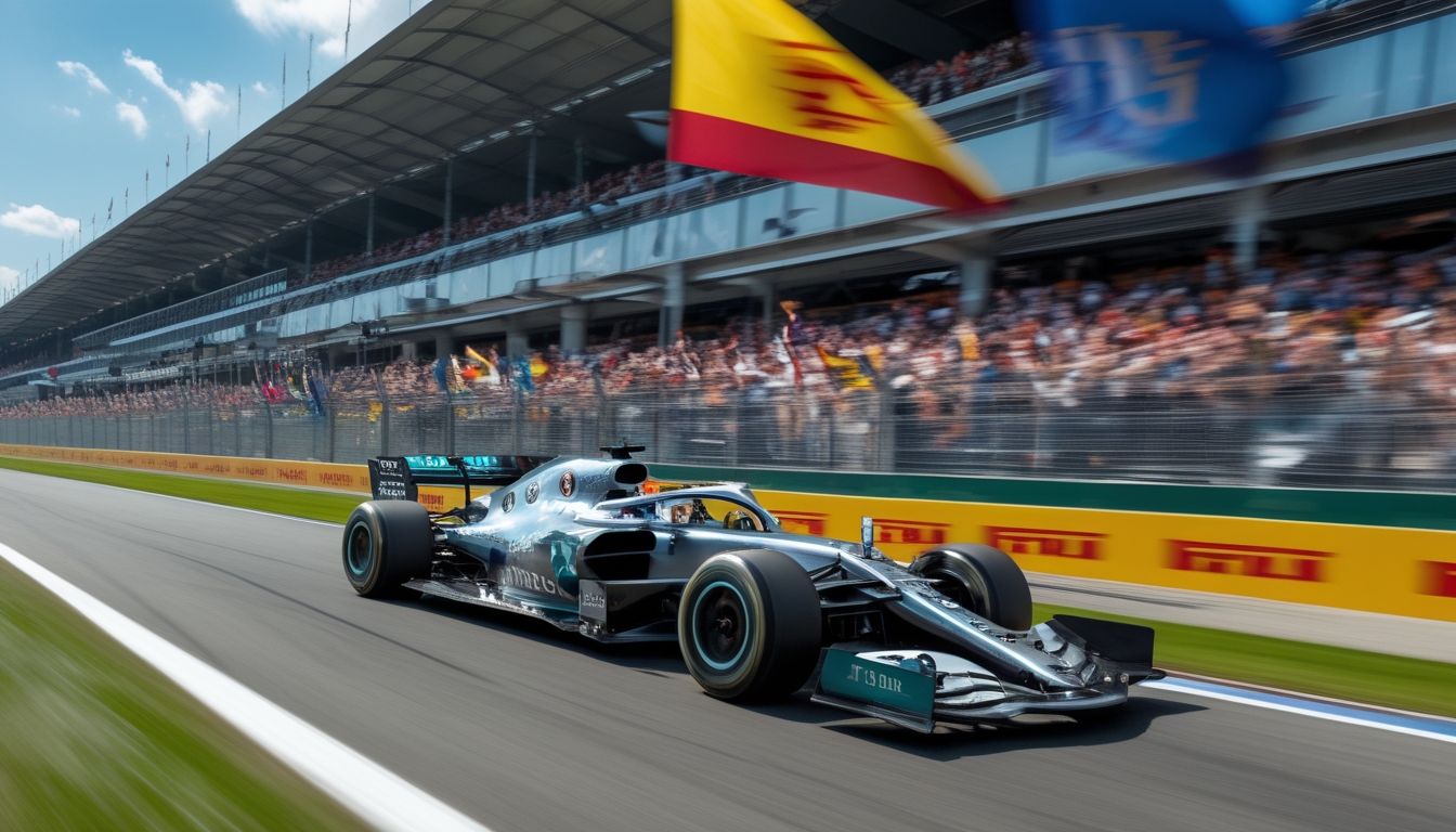 Mobil Formula 1 melaju cepat di lintasan balap dengan penonton ramai di tribun dan langit cerah di latar belakang.