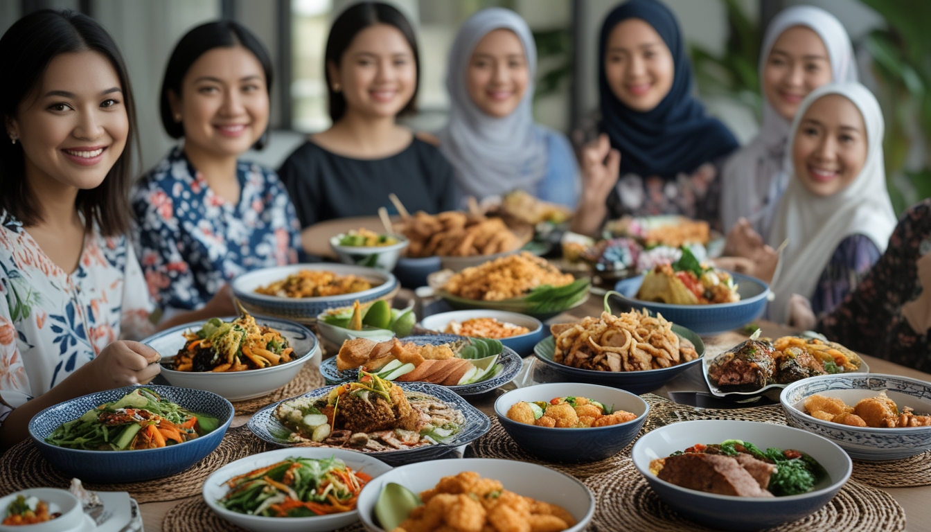 Meja makan yang tertata rapi dengan berbagai hidangan khas Indonesia untuk acara arisan ibu-ibu, dengan beberapa wanita sedang berbincang di latar belakang.
