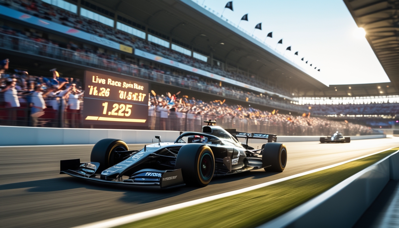 Mobil Formula 1 modern melaju cepat di lintasan balap dengan penonton di tribun dan layar digital menampilkan informasi taruhan balapan.