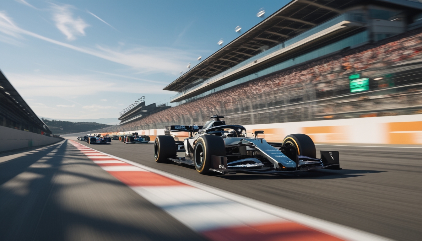 Mobil Formula 1 melaju kencang di lintasan balap dengan penonton ramai di tribun dan papan skor di samping lintasan.