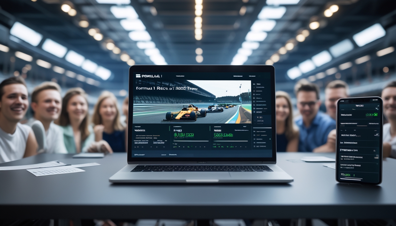 Sebuah meja kerja modern dengan laptop dan ponsel menampilkan informasi balapan Formula 1, dikelilingi oleh penggemar yang antusias menonton layar, dengan latar belakang trek balap dan mobil F1 yang sedang melaju cepat.