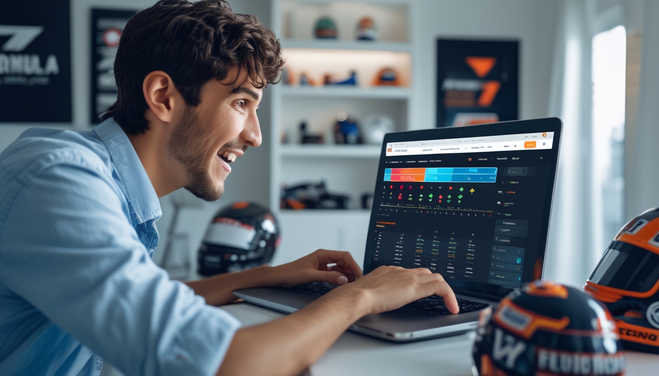 Seorang penggemar Formula 1 sedang menggunakan laptop di ruang kerja modern dengan memorabilia balap di latar belakang, fokus pada layar yang menampilkan platform taruhan online Formula 1.