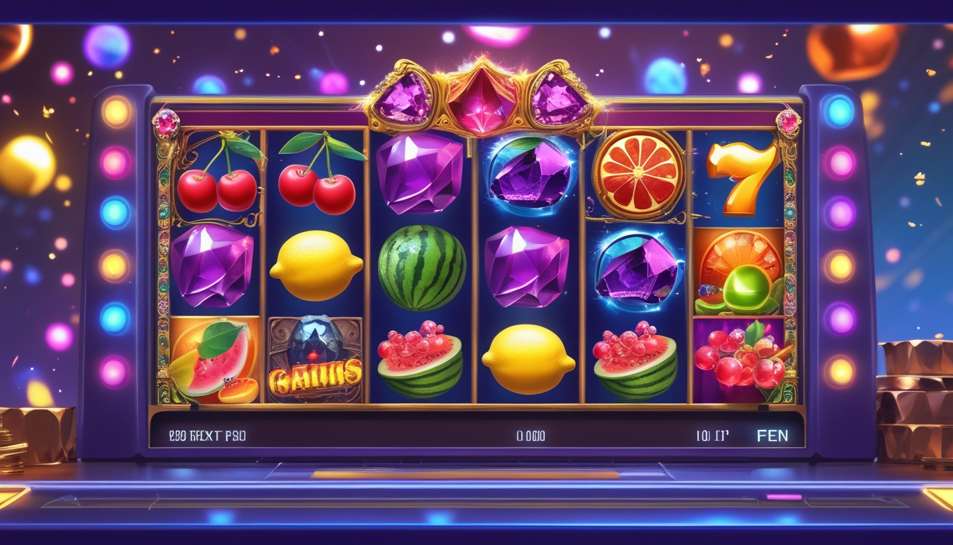 Antarmuka mesin slot online dengan simbol buah berwarna-warni dan latar belakang kasino digital yang cerah dan menarik.
