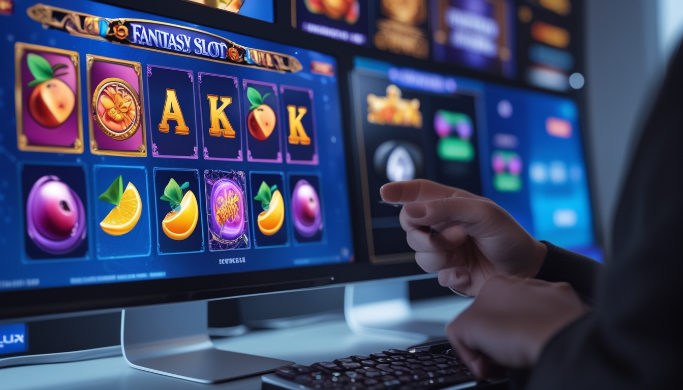 Seseorang menggunakan komputer dengan layar yang menampilkan permainan slot buah fantasi dengan simbol buah dan jackpot.