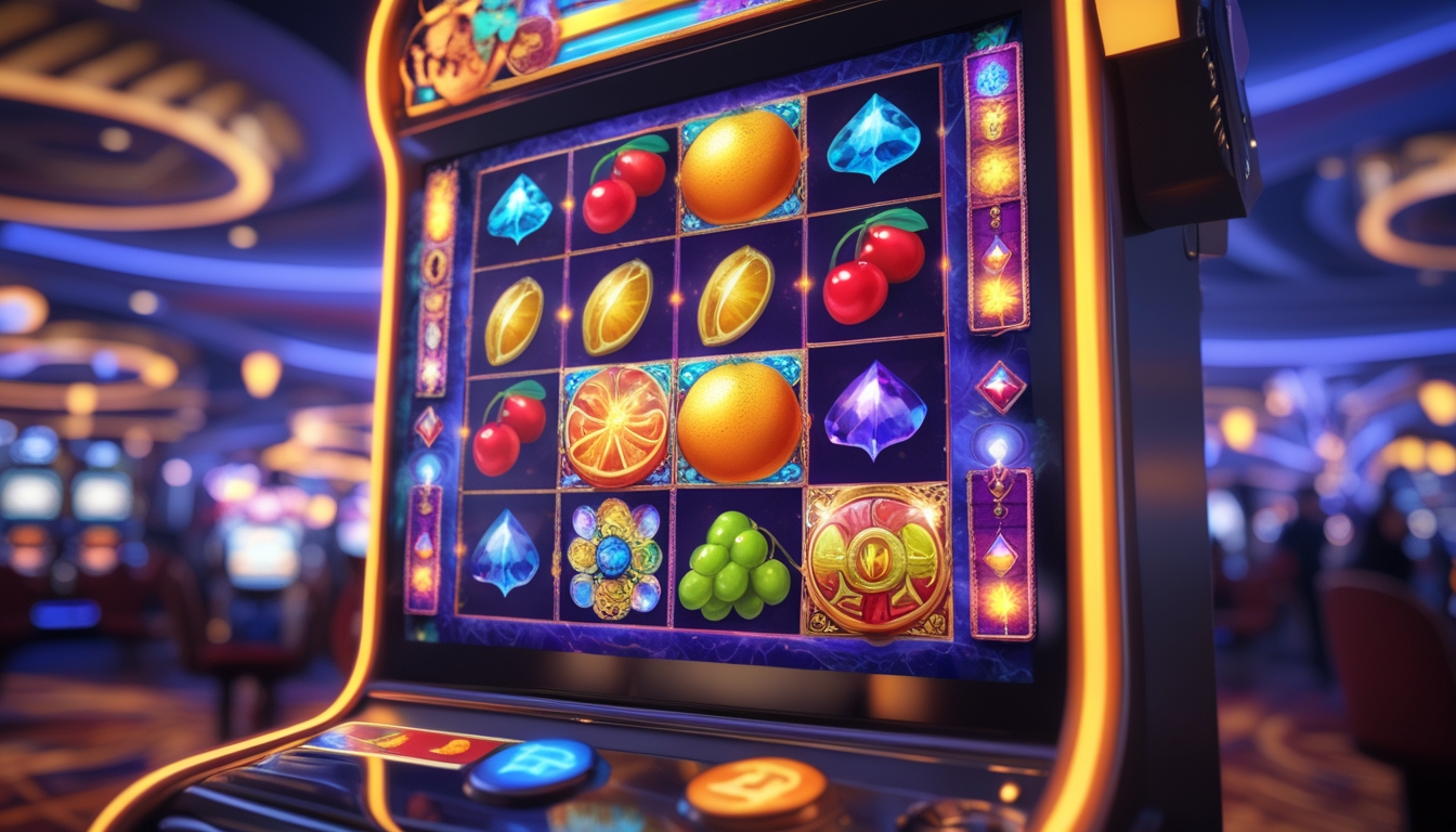 Mesin slot dengan simbol buah warna-warni dan elemen fantasi di latar kasino yang cerah dan menarik.