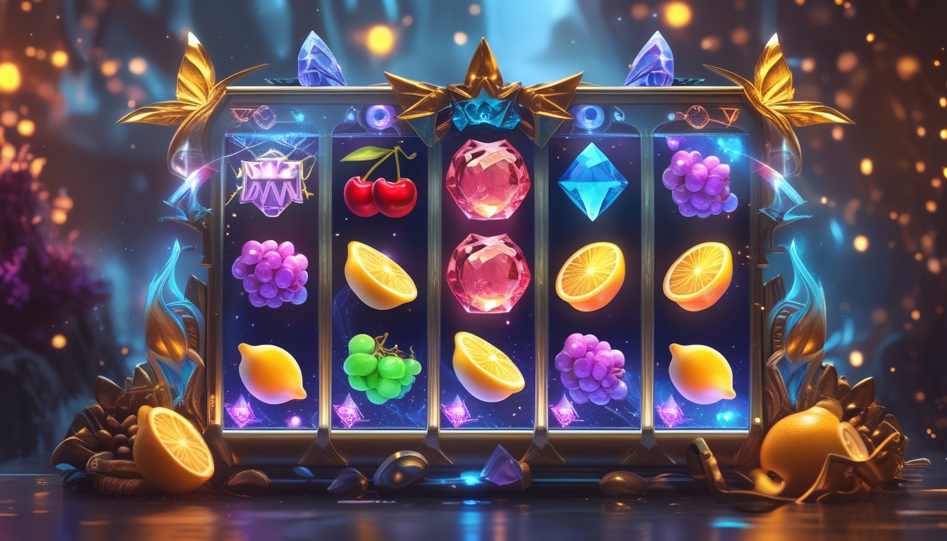 Mesin slot dengan simbol buah berwarna-warni dan elemen fantasi di latar belakang yang memancarkan suasana dunia fantasi.