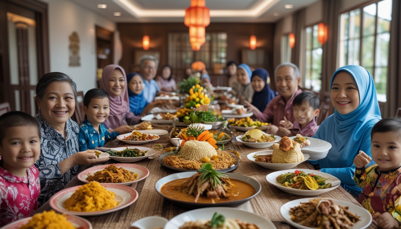 Keluarga besar sedang berkumpul dan menikmati hidangan tradisional Lebaran di meja makan panjang.