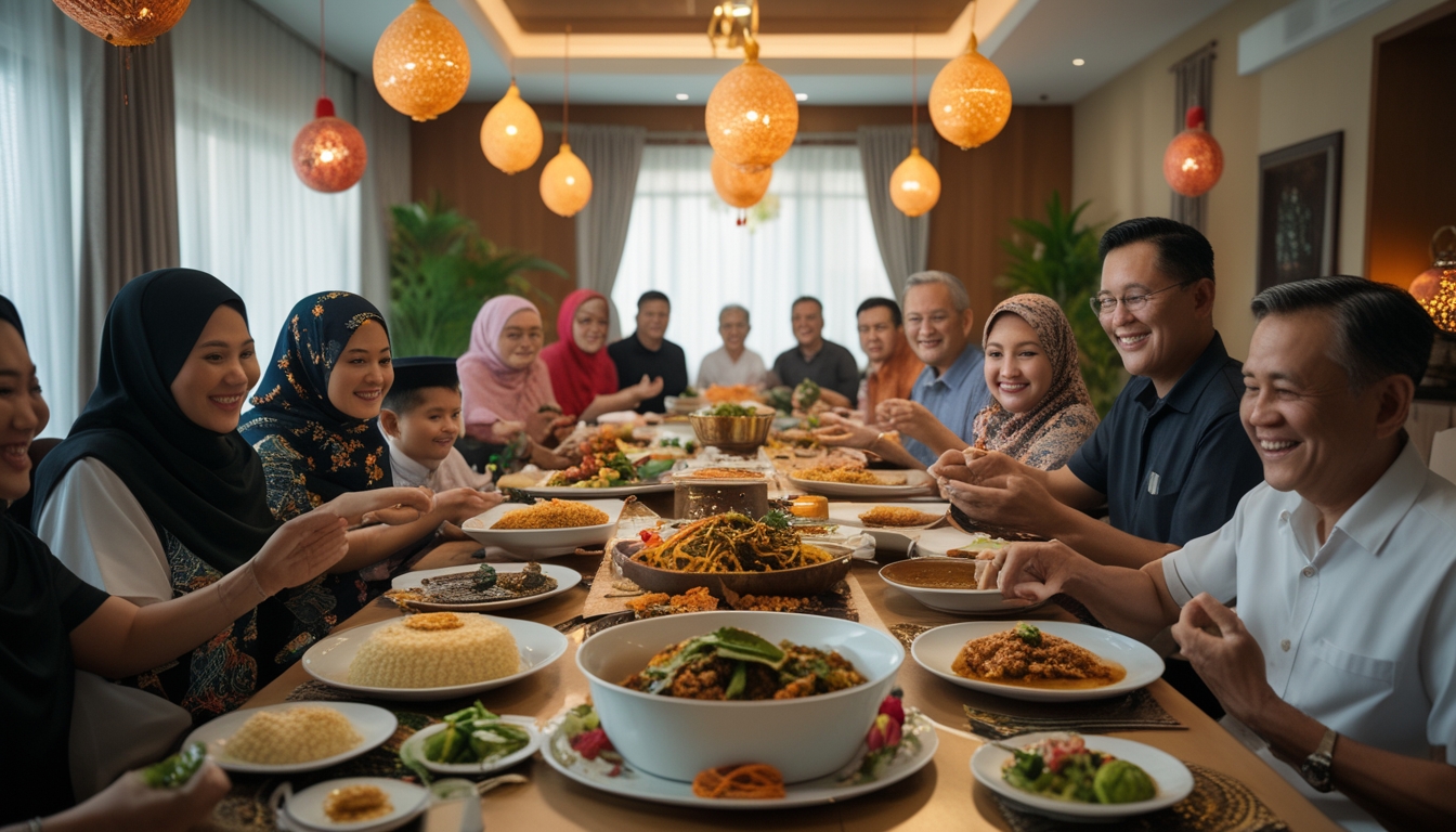 Keluarga besar berkumpul di meja makan yang penuh dengan hidangan khas Lebaran, saling berbagi makanan dan tersenyum bersama.