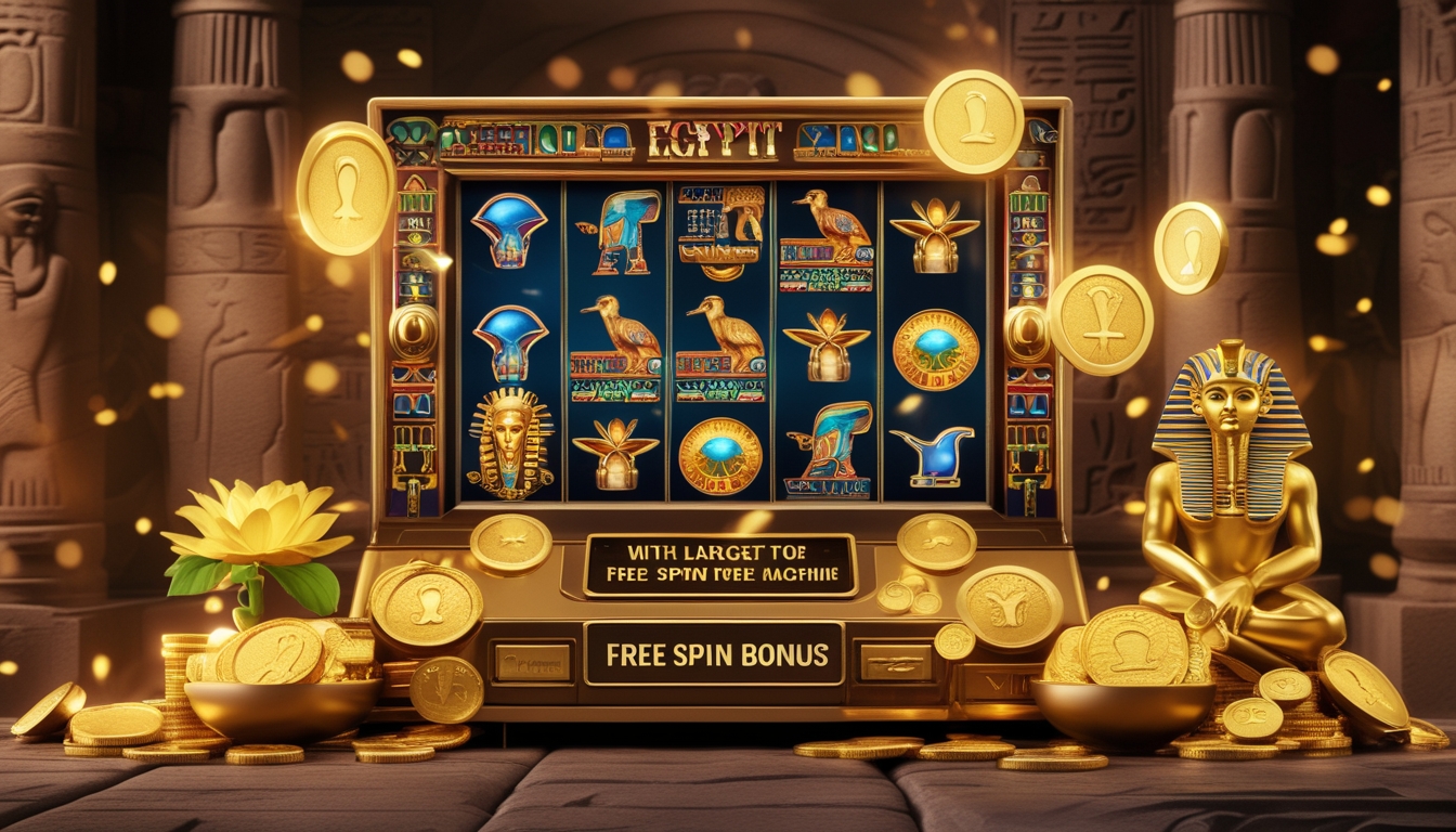 Mesin slot bertema Mesir Kuno dengan simbol-simbol seperti scarab emas, piramida, dan hieroglif, dikelilingi koin emas dan ikon bonus putaran gratis.