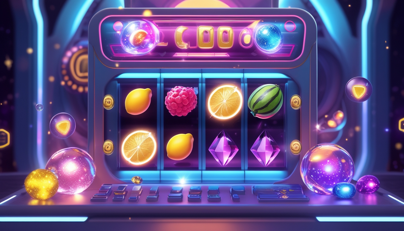 Antarmuka mesin slot online dengan simbol buah warna-warni dan elemen fantasi di latar belakang futuristik.
