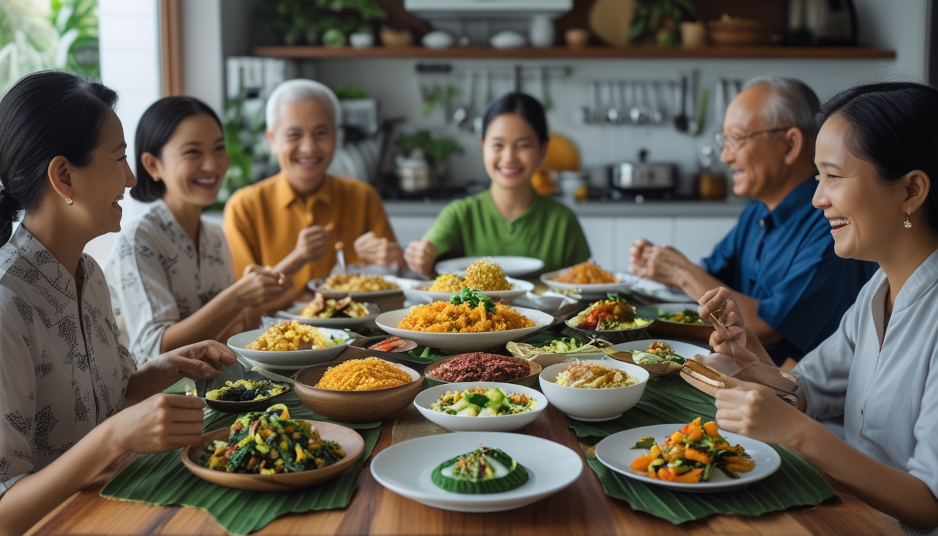 Suasana dapur rumah dengan meja makan berisi hidangan tradisional Indonesia untuk acara keluarga, dengan anggota keluarga tersenyum dan berinteraksi.