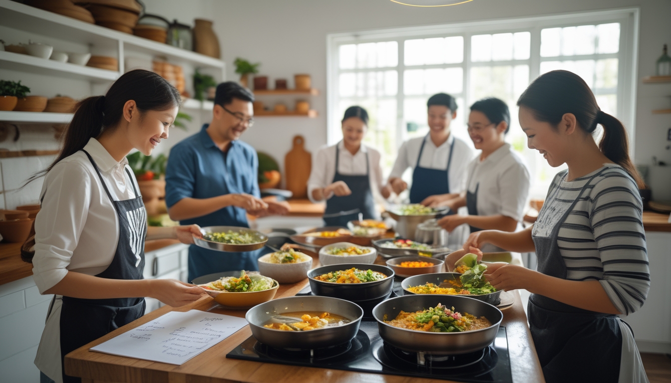 Orang-orang memasak bersama di dapur rumah dengan berbagai bahan makanan untuk acara hajatan dengan anggaran hemat.
