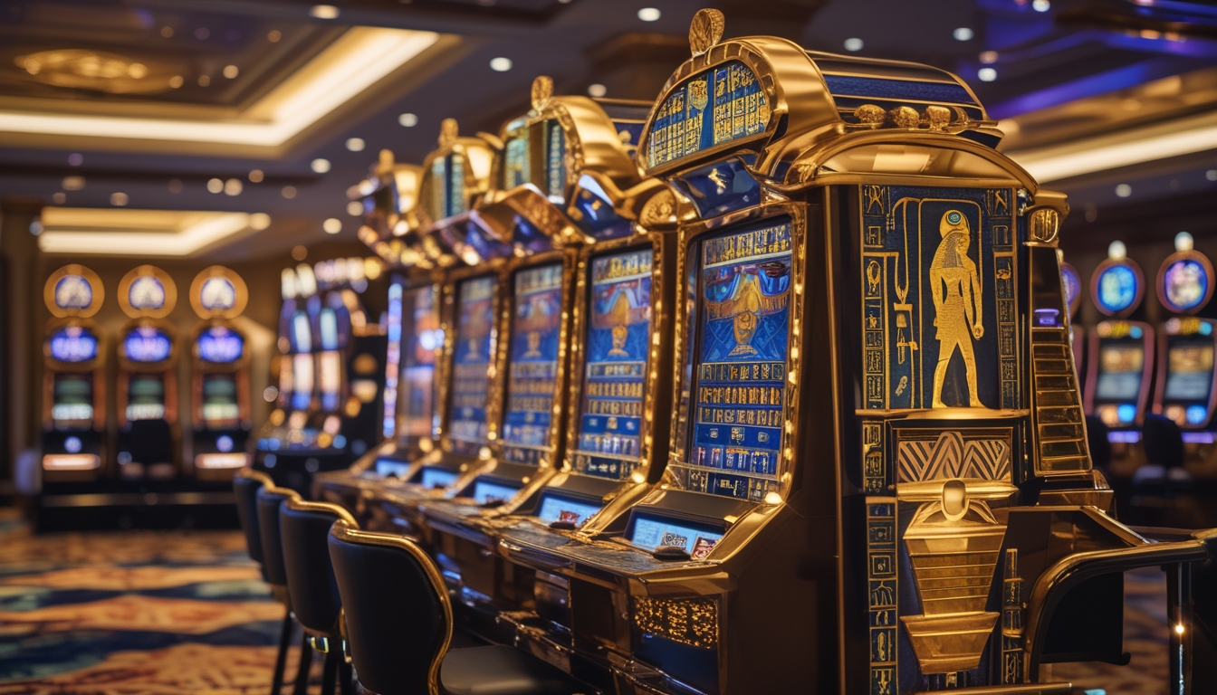 Area mesin slot bertema Mesir kuno dengan dekorasi emas dan simbol hieroglif di dalam kasino yang mewah dan terang.