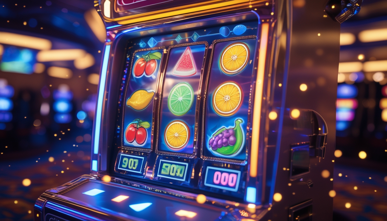 Mesin slot buah berwarna-warni dengan lampu menyala di latar kasino gelap pada malam hari.