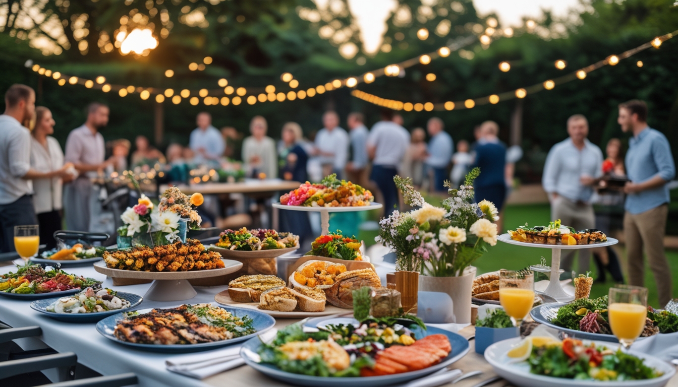 Pesta outdoor di taman dengan meja penuh hidangan warna-warni dan orang-orang menikmati makanan bersama.