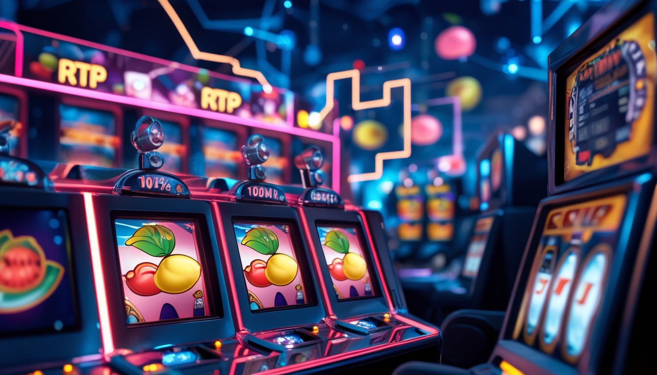 Antarmuka digital mesin slot online bertema buah dan fantasi dengan grafik dan data RTP yang menyala di latar belakang.