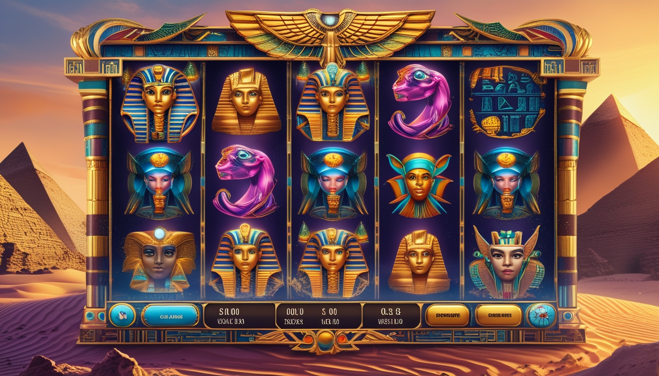 Mesin slot bertema Mesir kuno dengan simbol seperti scarab emas, topeng firaun, dan piramida di latar belakang gurun dan matahari terbenam.