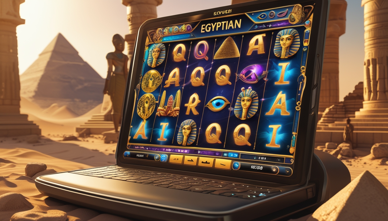 Layar mesin slot digital bertema Mesir dengan simbol seperti scarab emas, topeng firaun, hieroglif, dan piramida di latar belakang gurun.
