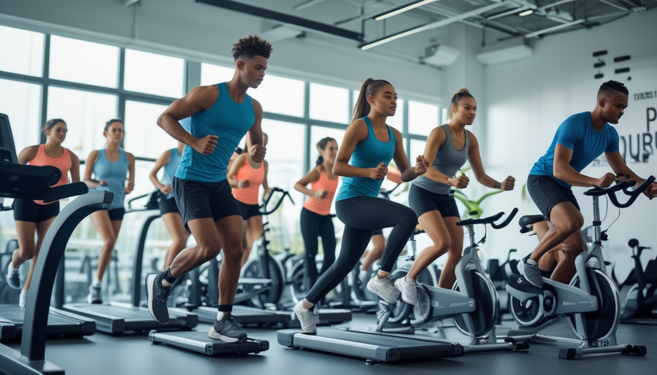 Sekelompok orang muda berolahraga ketahanan di gym modern dengan peralatan fitness, berlari di treadmill dan bersepeda statis.