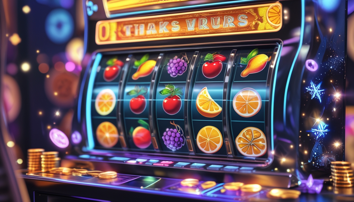 Mesin slot buah berwarna-warni dengan simbol buah dan koin emas di latar belakang yang samar.