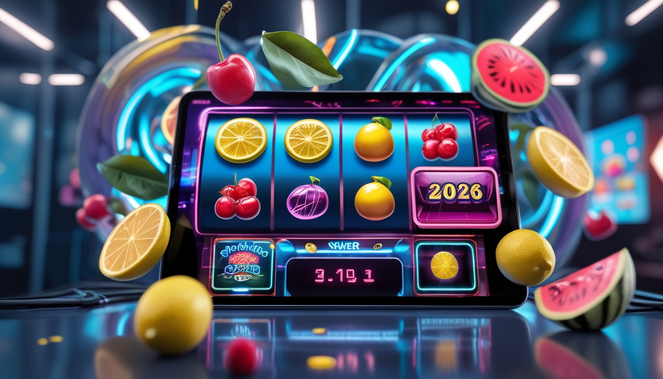 Tampilan mesin slot buah fantasi berwarna-warni di layar perangkat digital dengan latar belakang modern dan elemen futuristik.
