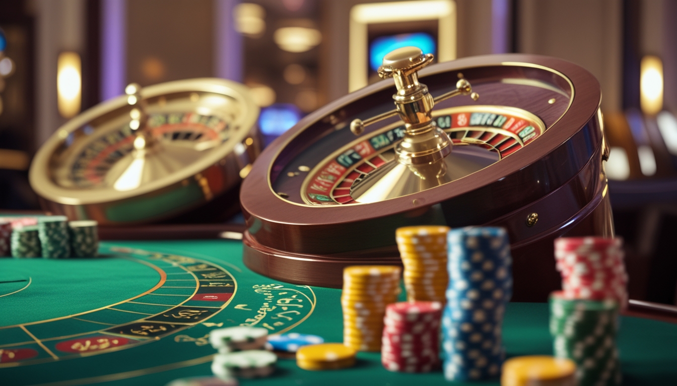 Meja kasino dengan dua roda roulette berwarna emas dan cepat yang sedang berputar, dikelilingi oleh chip warna-warni di atas meja hijau.