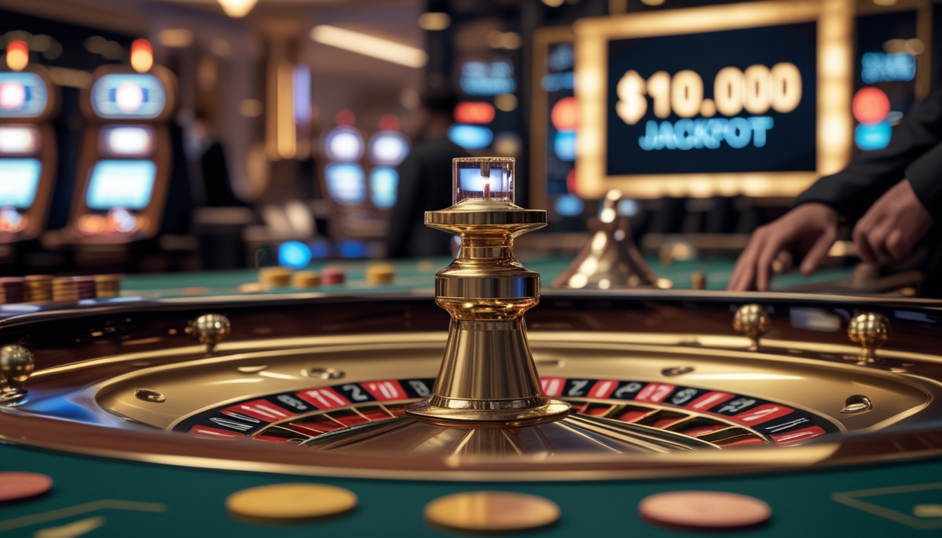 Meja roulette emas dengan roda roulette dan papan jackpot digital di kasino yang ramai.