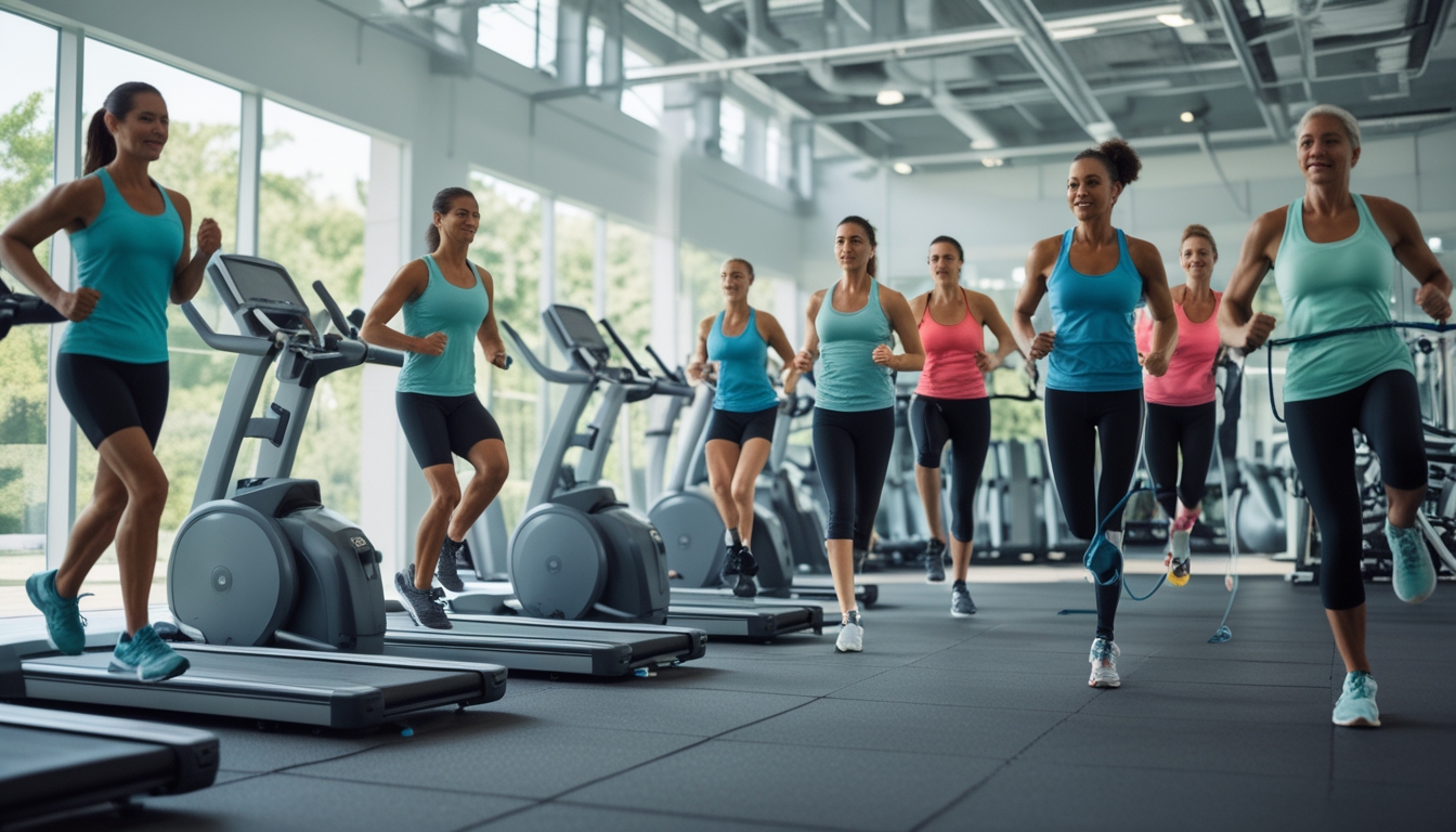 Sekelompok orang berolahraga ketahanan di gym modern dengan berbagai alat dan gerakan aktif.