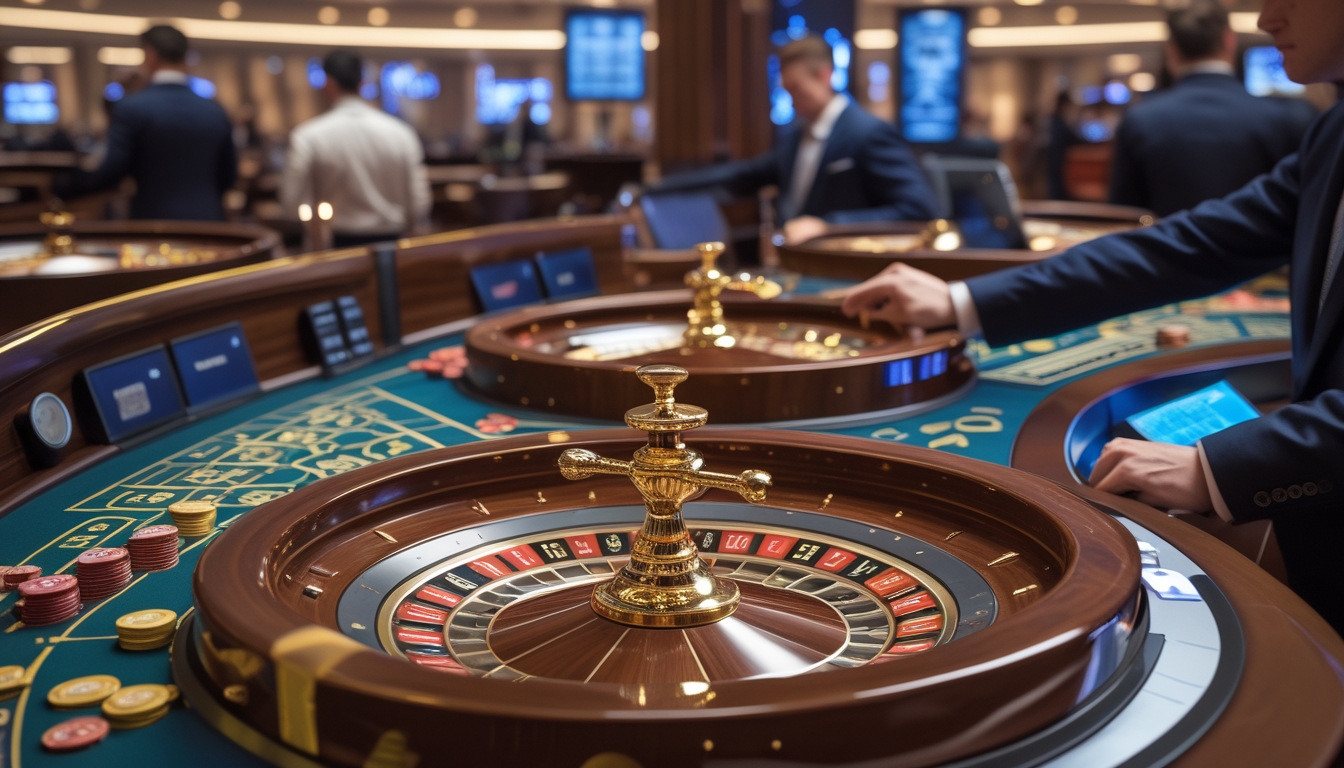 Suasana kasino dengan meja roulette emas dan speed roulette, pemain sedang bertaruh dalam lingkungan yang terang dan modern.