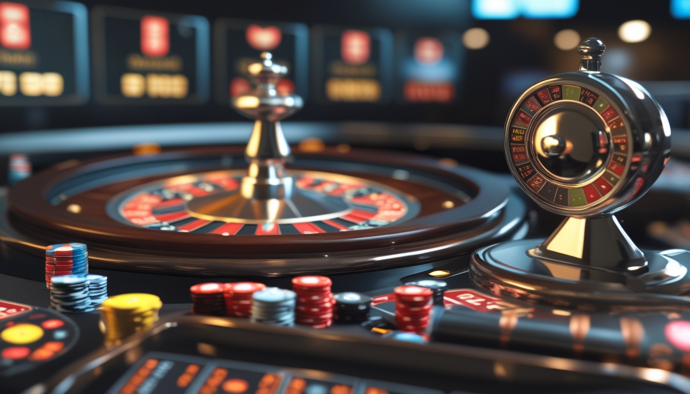 Meja roulette modern dengan roda roulette berputar dan tumpukan chip di kasino yang terang dan profesional.