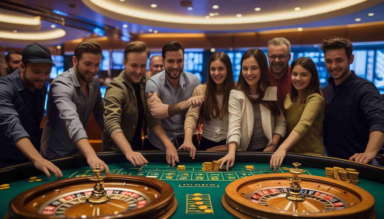 Meja roulette kasino dengan roda roulette emas dan speed roulette, dikelilingi oleh beberapa pemain pemula yang sedang memasang taruhan.