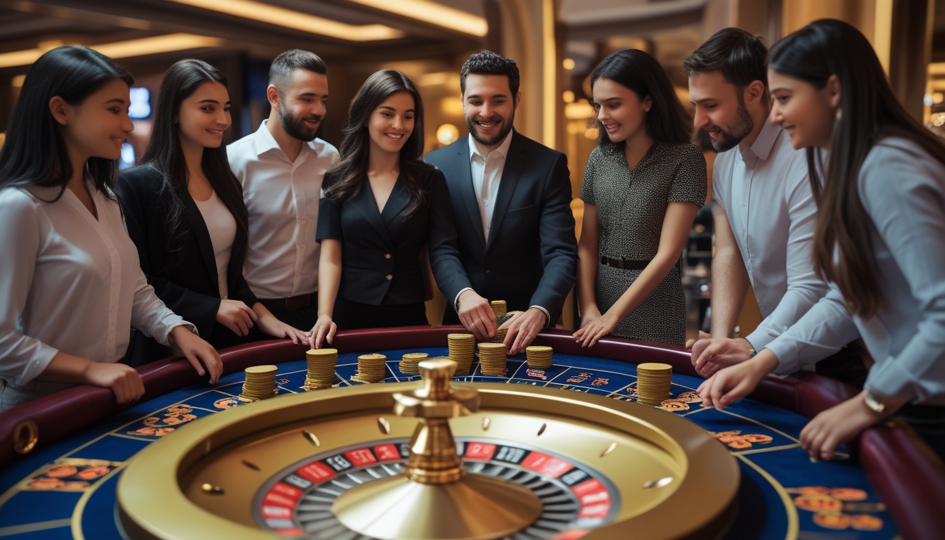 Suasana meja roulette dengan pemain dan dealer di kasino yang modern dan ramah.