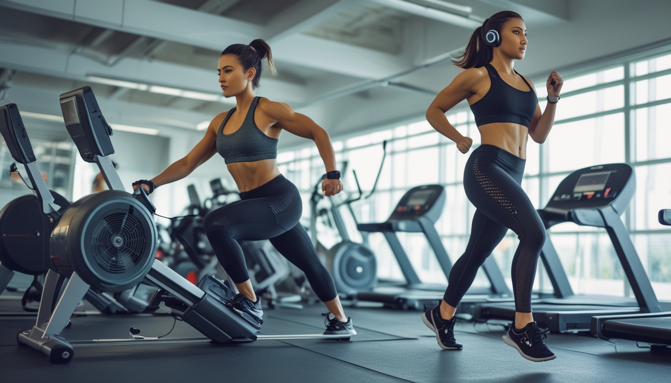 Dua orang berolahraga di gym, satu menggunakan mesin dayung untuk latihan ketahanan dan satu lagi berlari di treadmill untuk kardio.