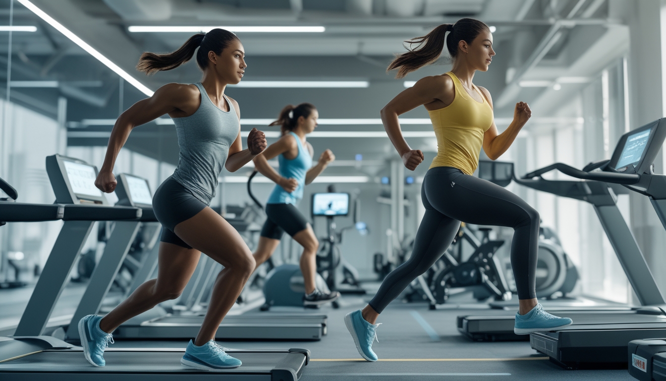 Dua orang berolahraga di gym modern, satu berlari di treadmill dan satu melakukan latihan ketahanan dengan sepeda statis.