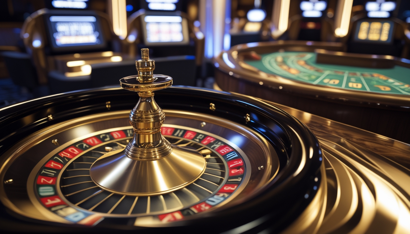 Meja roulette emas yang berputar di kasino mewah dengan layar digital speed roulette di latar belakang.