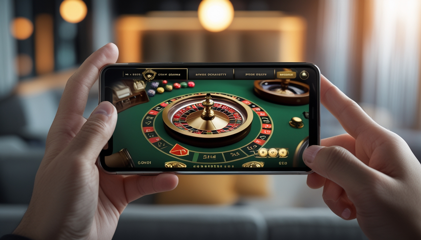 Seseorang memegang ponsel yang menampilkan permainan roulette digital dengan roda roulette berwarna emas dan cepat.