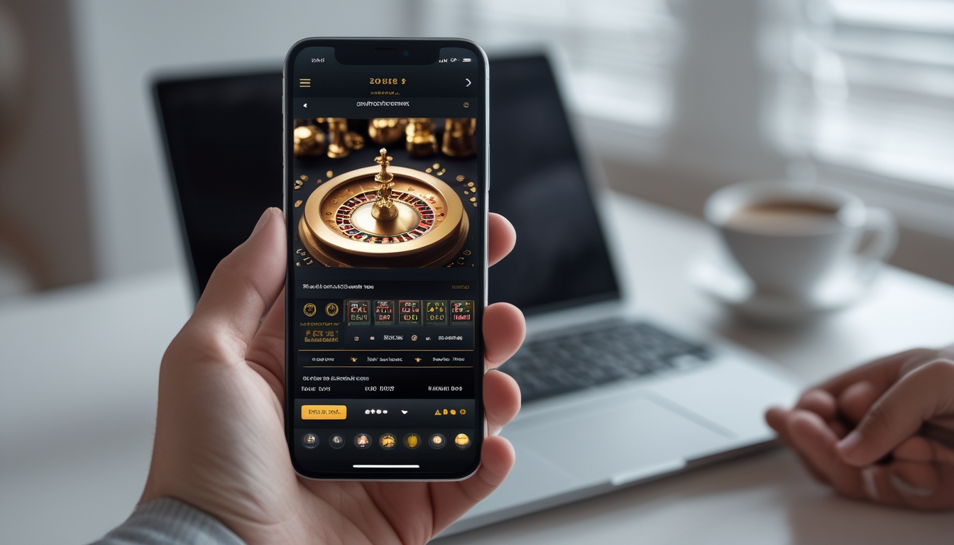 Seseorang memegang ponsel dengan tampilan permainan roulette online di layar, di latar belakang meja kerja dengan laptop dan cangkir kopi.