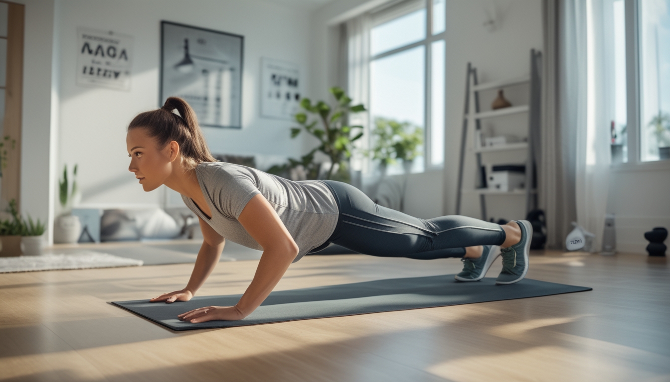 Seorang wanita muda sedang berolahraga ketahanan tubuh di ruang tamu dengan cahaya alami, menggunakan matras yoga tanpa alat gym.