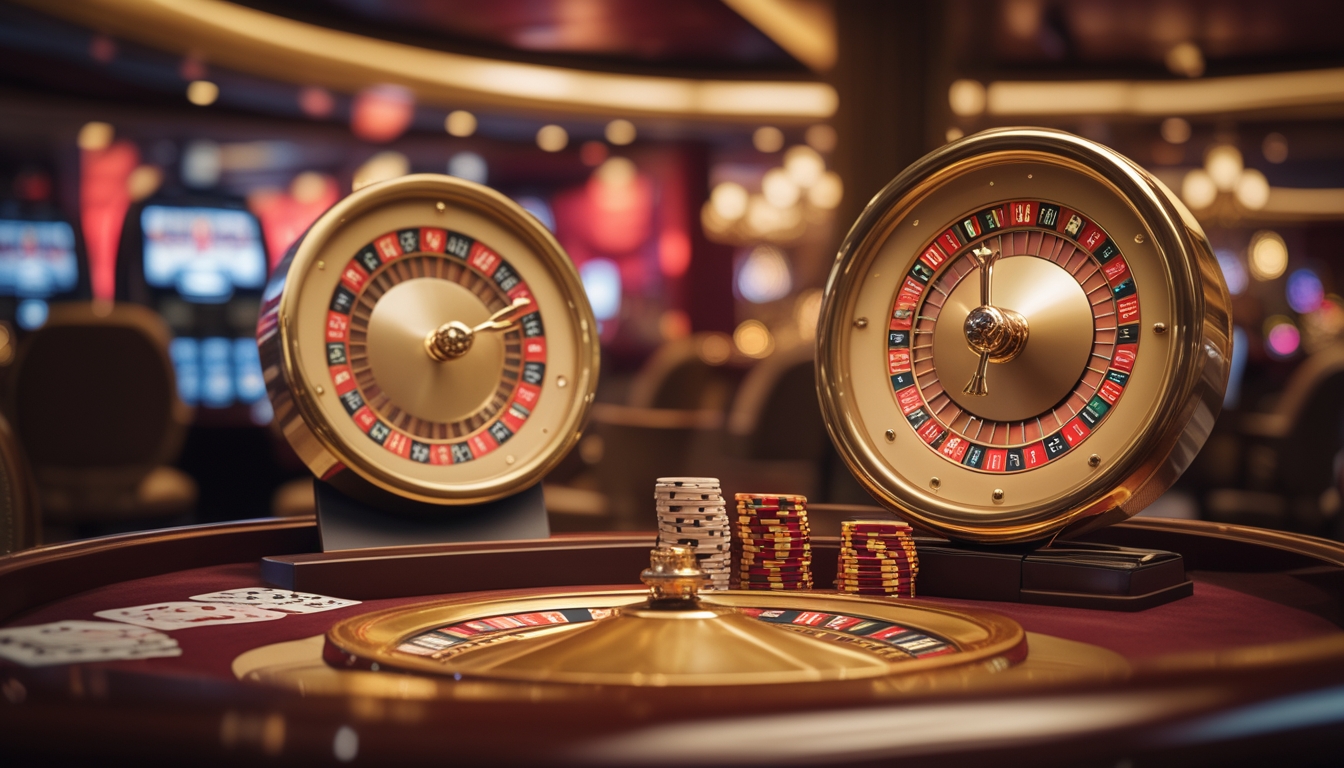Meja kasino dengan roda roulette emas dan roda roulette cepat di lingkungan mewah.