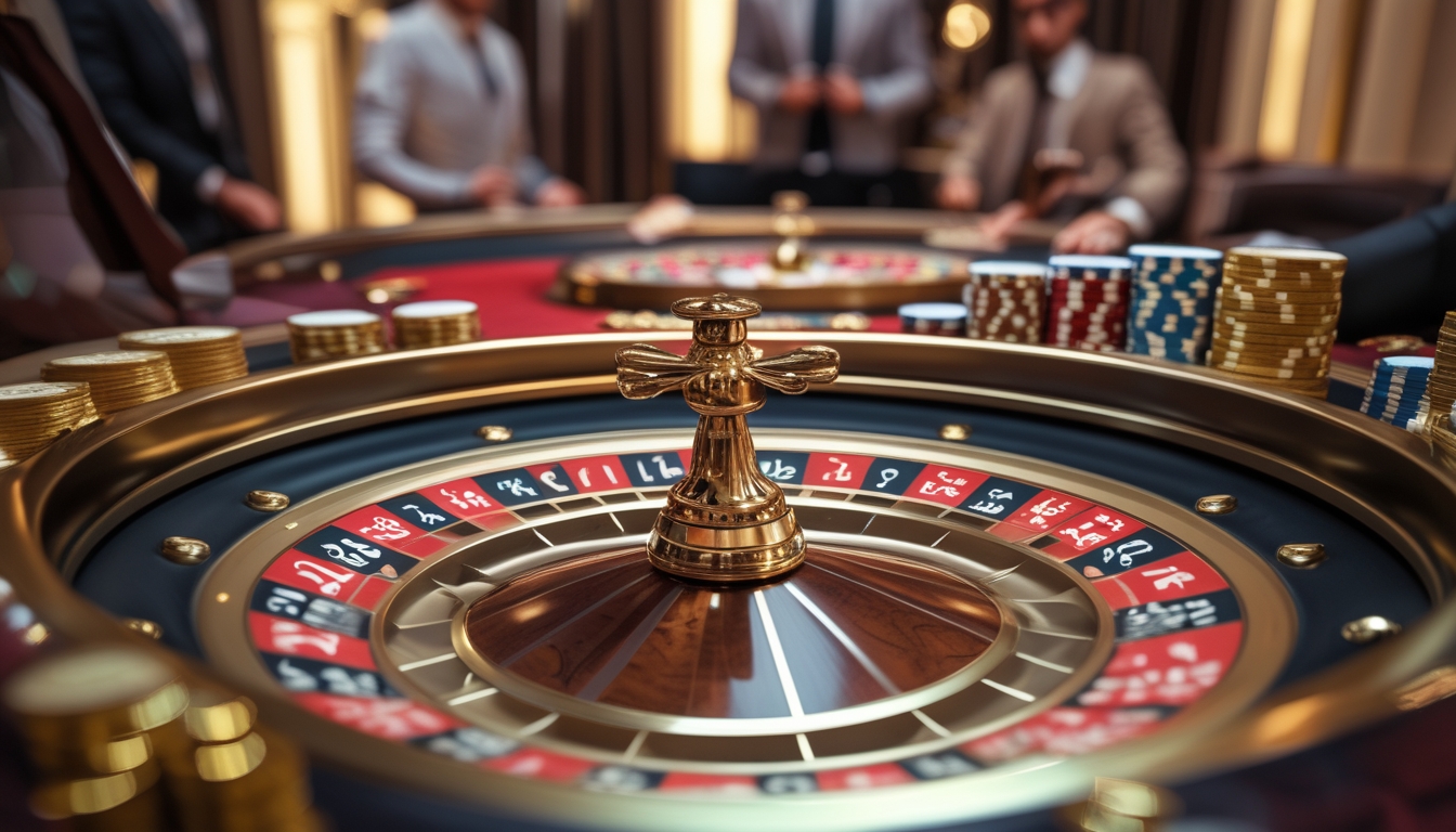 Meja roulette mewah dengan roda roulette berwarna emas dan merah, tumpukan chip, dan suasana kasino dengan pencahayaan lembut dan pemain yang sedang bermain.