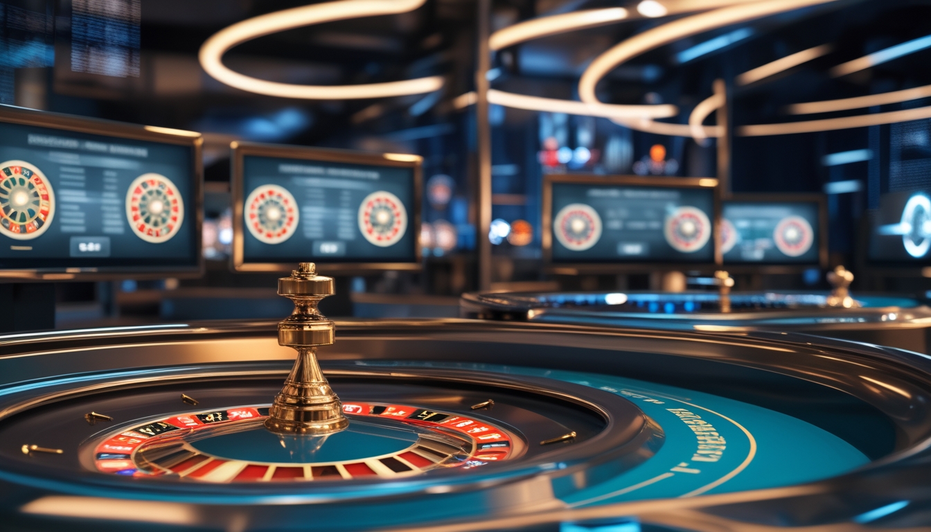 Meja roulette modern dengan aksen emas dan layar digital yang menampilkan roda roulette berputar di lingkungan kasino yang elegan dan gelap.