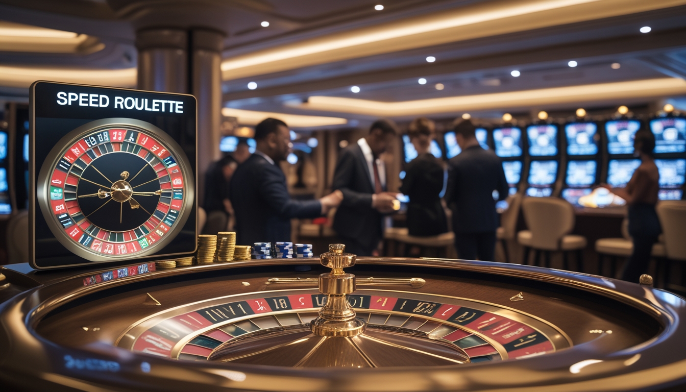 Meja roulette modern dengan roda roulette berwarna emas dan layar digital speed roulette, dikelilingi oleh pemain yang fokus dan menggunakan perangkat mereka dalam suasana kasino yang elegan.