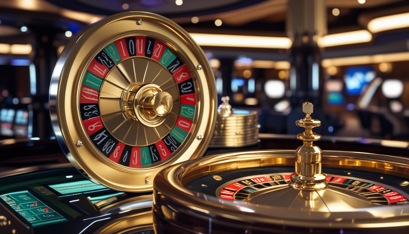 Meja roulette emas dan roulette cepat di dalam kasino mewah dengan pencahayaan elegan.