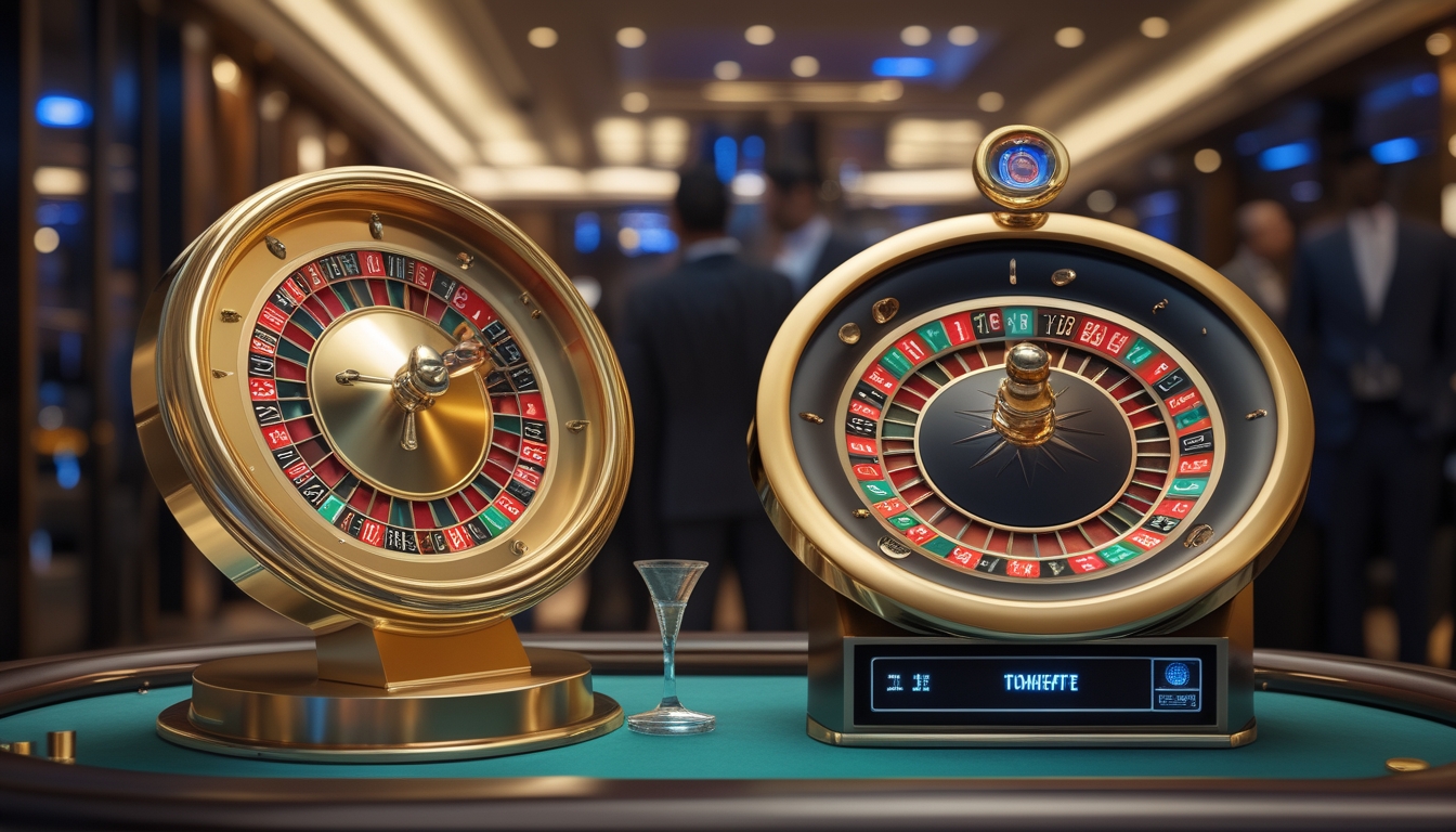 Meja kasino dengan dua roda roulette, satu berwarna emas dan satu lagi untuk permainan cepat, dengan latar belakang suasana kasino mewah dan pemain yang mengamati permainan.