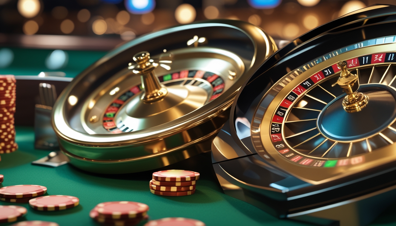 Dua roda roulette emas di meja kasino dengan suasana mewah dan pencahayaan yang hangat.