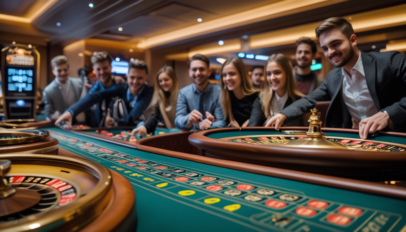 Meja roulette emas dan speed roulette di kasino modern dengan sekelompok orang muda yang antusias bermain dan memasang taruhan.