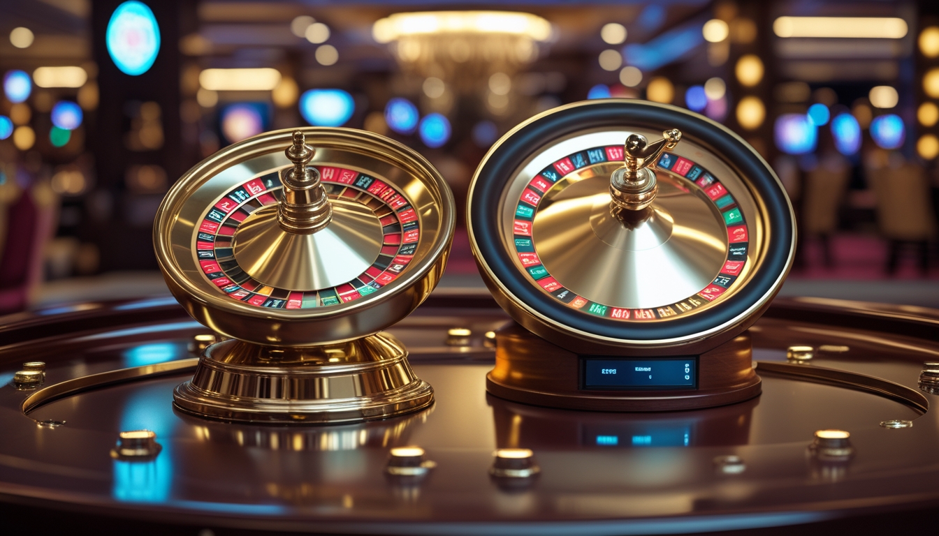 Meja kasino dengan roda roulette emas dan roda roulette cepat berdampingan di atas meja kayu gelap, dengan latar belakang suasana kasino yang terang dan ramai.