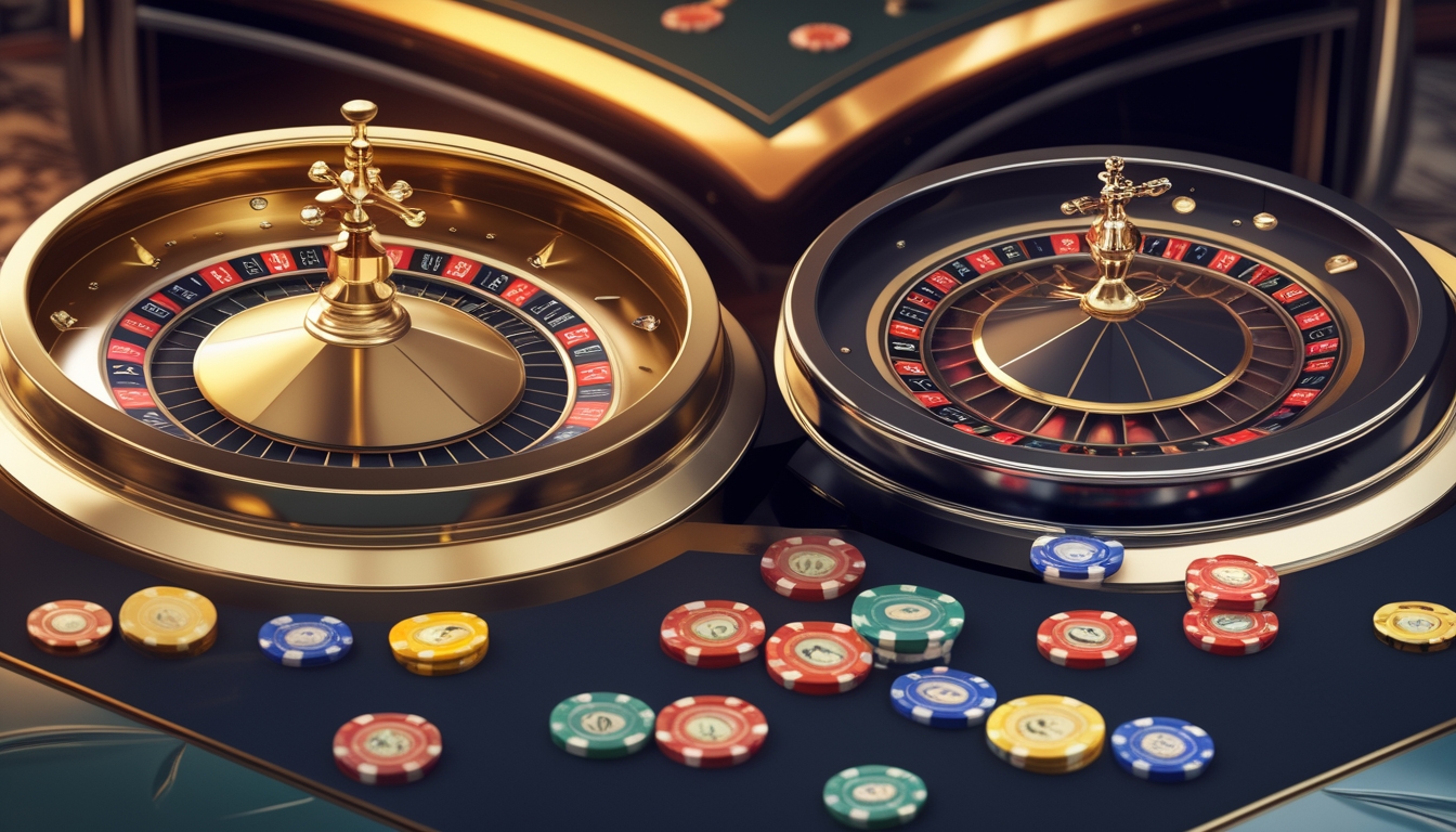 Dua meja roulette berdampingan dengan satu roda roulette berwarna emas dan satu roda roulette modern yang sedang berputar di dalam kasino.